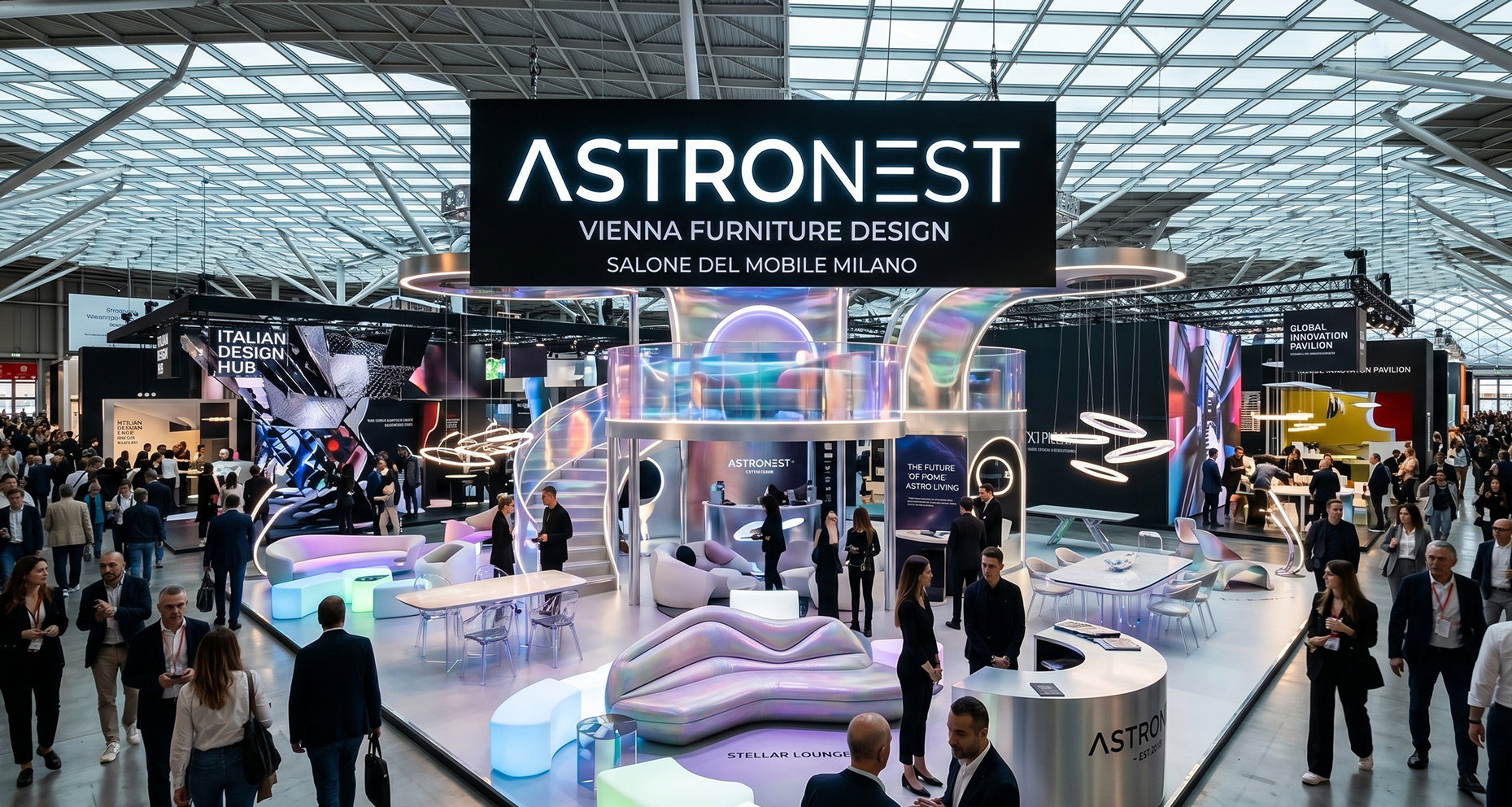AstroNest freestanding modular pavilion setup in a commercial mall atrium