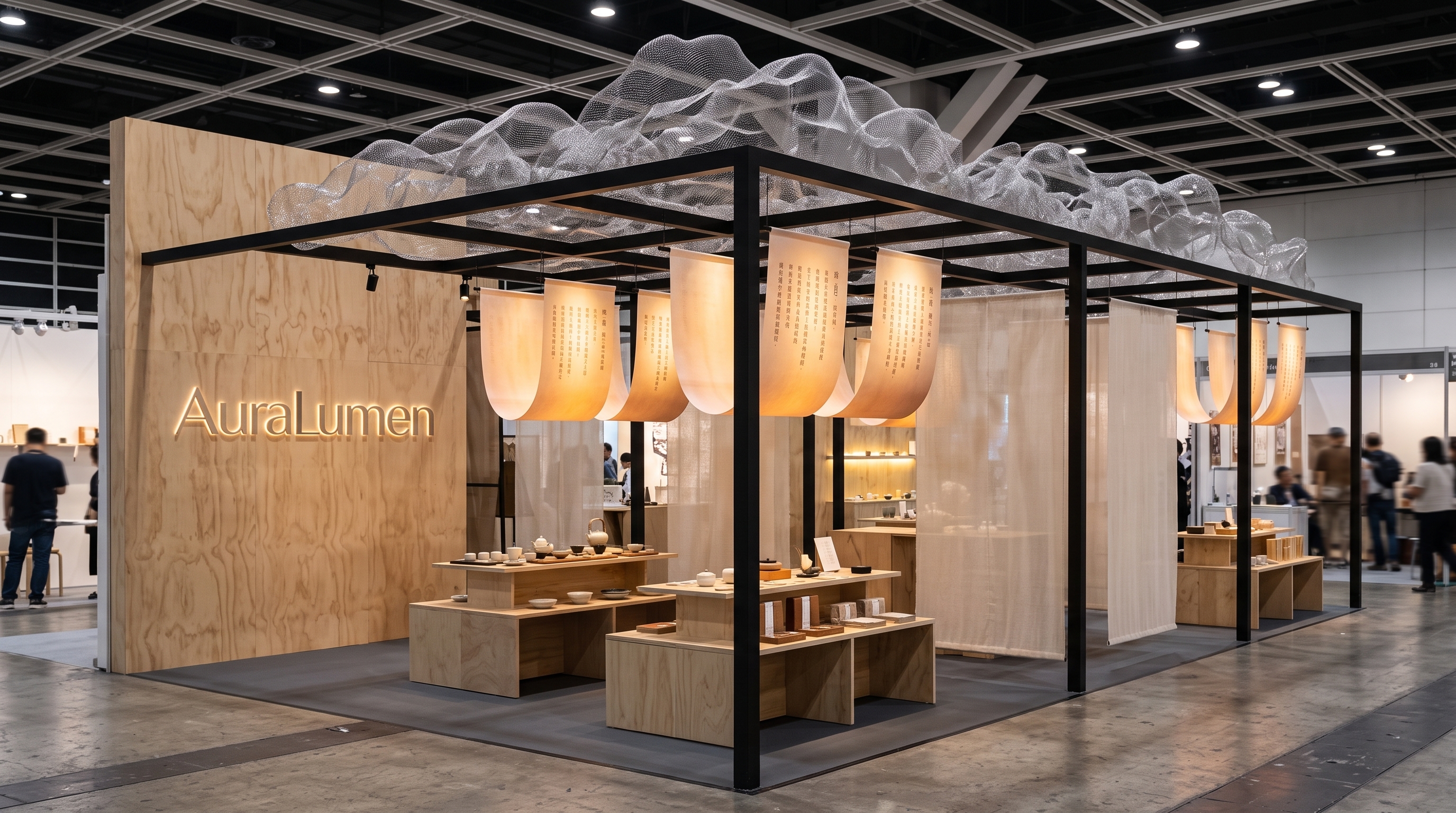AuraLumen 32m² exhibition booth with ground-supported steel frame and cloud mesh canopy