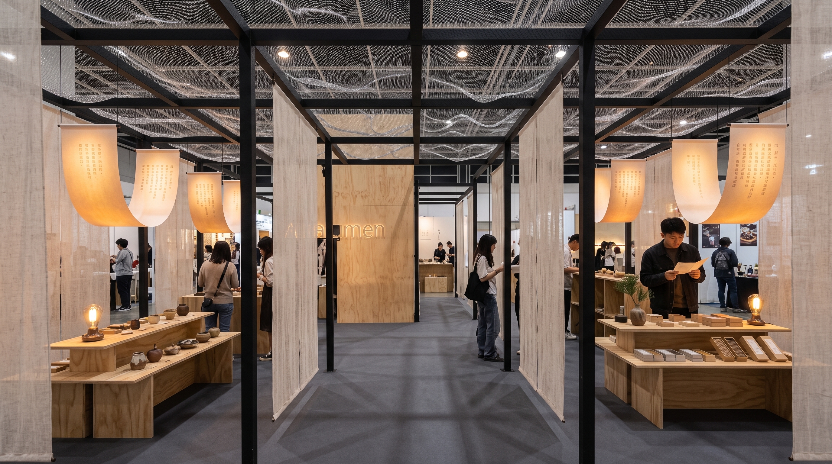Central walkway inside AuraLumen booth with linen draperies