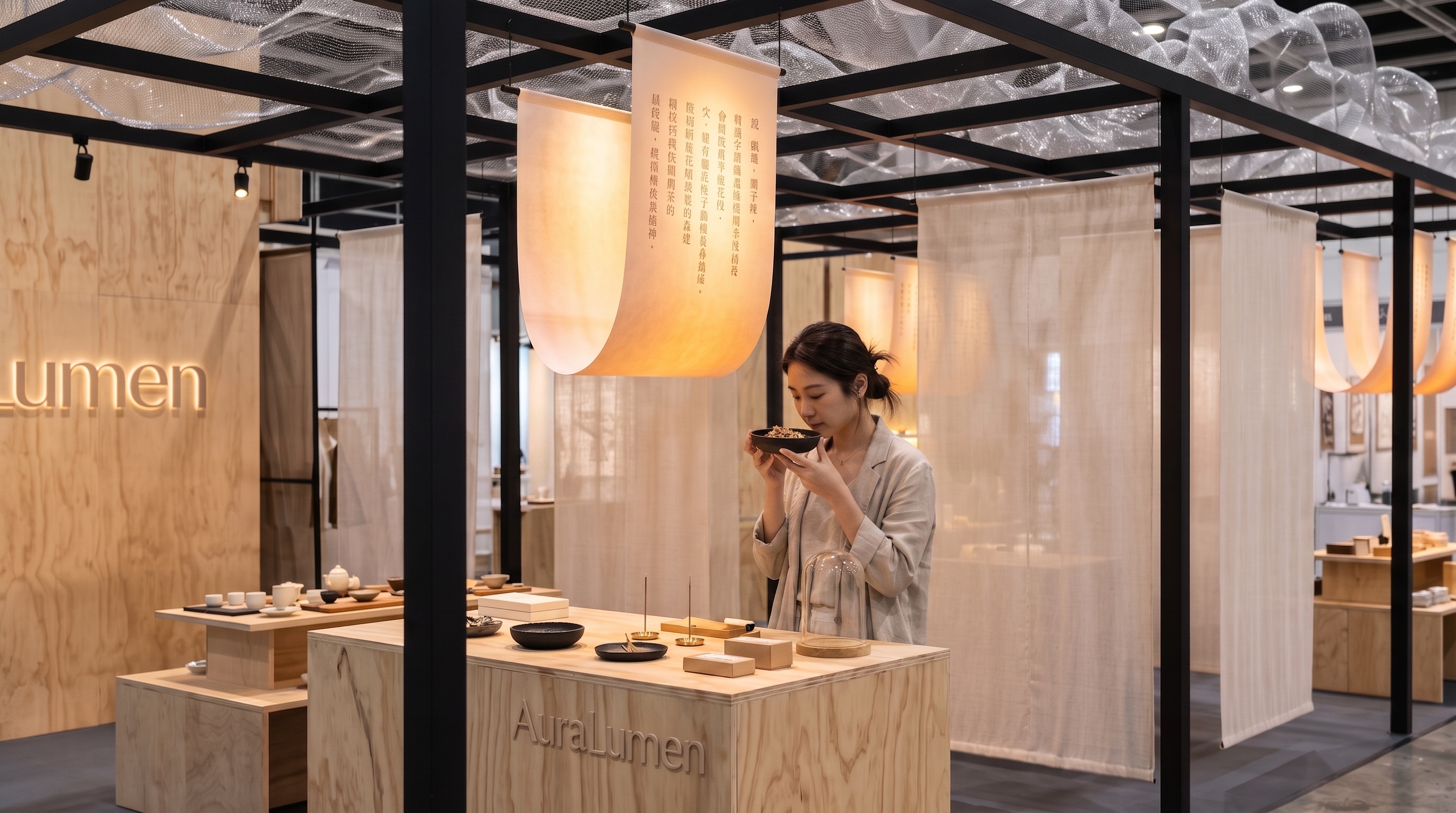 Visitor experiencing unlit craft incense ritual at AuraLumen counter